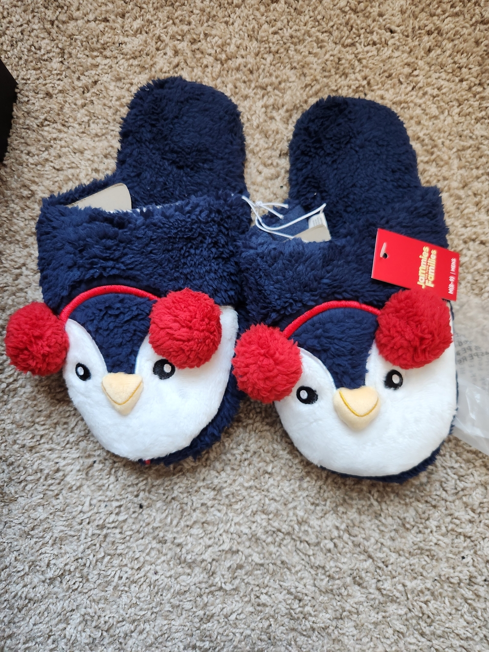 Kohl's Navy Penguin Slippers with Red Pom-Poms